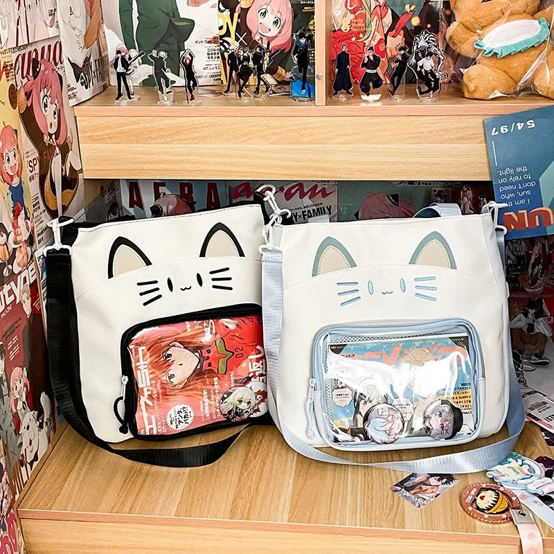 Kawaii Cat Love 💖✨ Large Nylon Ita Shoulder Bag - Versatile Crossbody Handbag with Transparent DIY Pocket 🐾🌈