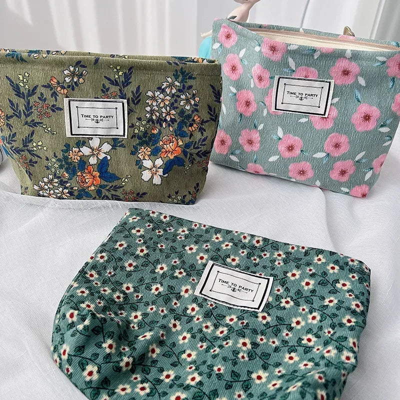 Kawaii Corduroy Floral Makeup Clutch Bag 🌸✨ | Cute Cosmetic Organizer for Women 🎀💄