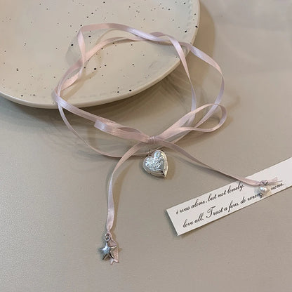 ✨Sweet Peach Heart Vibes 💖 Rope Ribbon Pendant Necklace for Trendy Ladies! 🌟