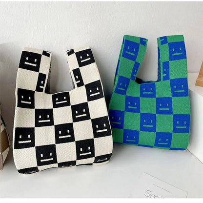 Kawaii Knitted Mini Tote Bag 👜✨ | Cute Plaid Handbag for Women | Stylish & Versatile Reusable Shopping Bag 🌈💖