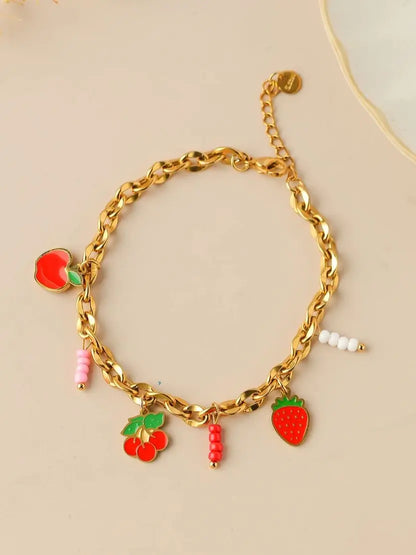 Sweet Charm Bracelet Strawberry Apple Cherry Natural Stone Pendant Jewelry Cute Accessory Girls Gift Party 🍓🍎🍒