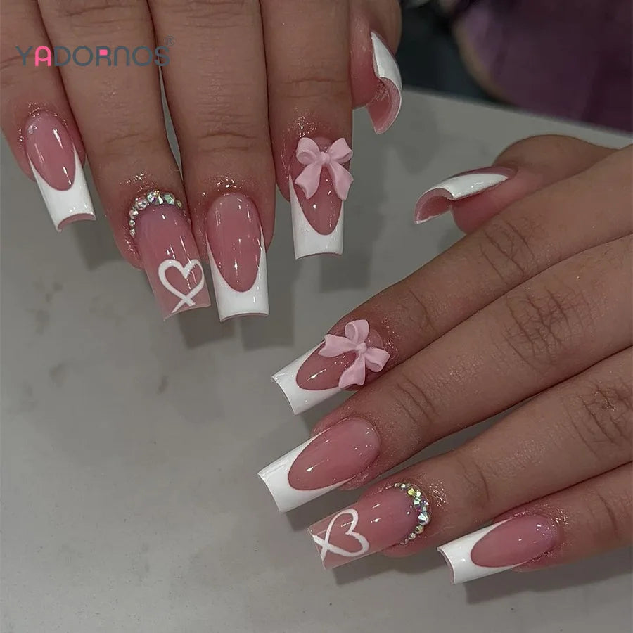 Kawaii Pink Bowknot & Diamond French Tip Press-On Nails 💖✨ | Medium Length Nail Art for Sweet Girls 🌸💅