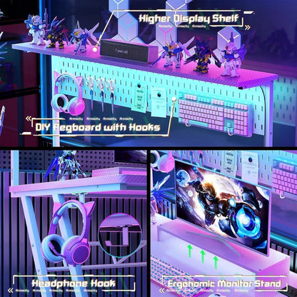 Kawaii Pink Gaming Desk 🌸✨ with LED Lights, Storage Shelves & Pegboard | Perfect for Gamers 🎮💖