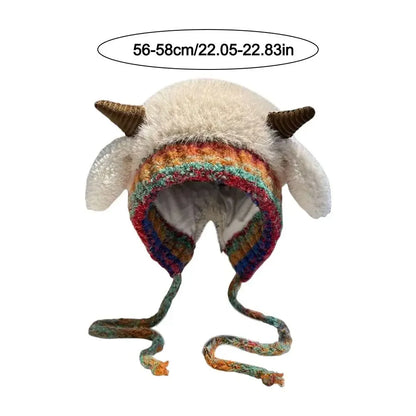 Cute Plush Knit Beanie With Earmuffs Horn Design Winter Hat For Women❄️