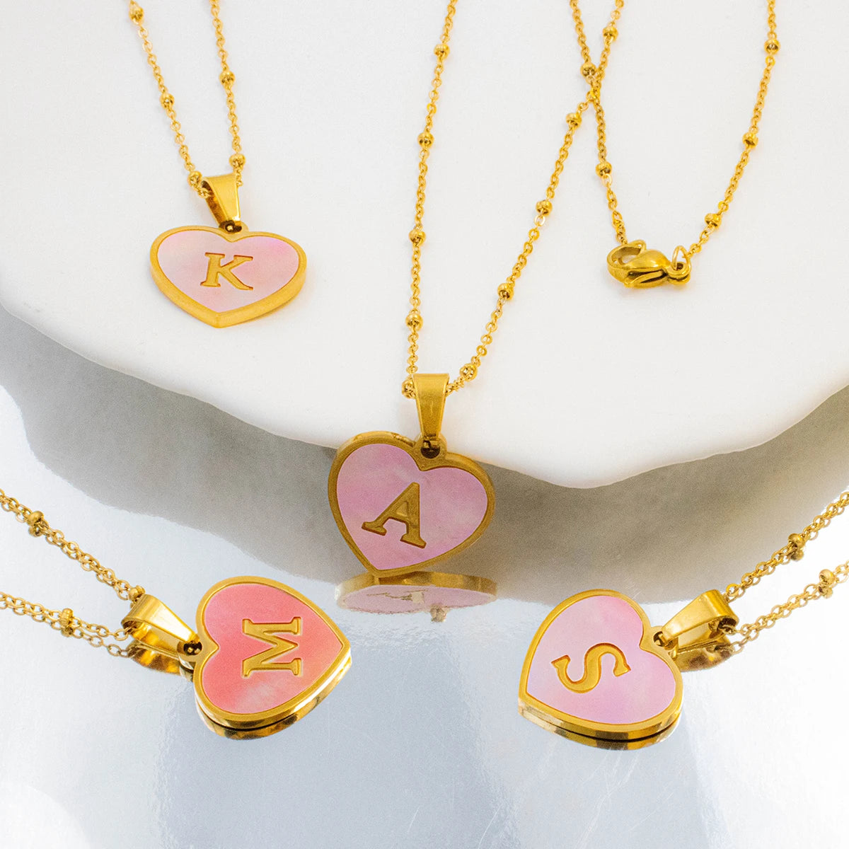 Pink Round Shell 26 Letter Alphabet Pendant Necklace Stainless Steel Charm 💗🪸