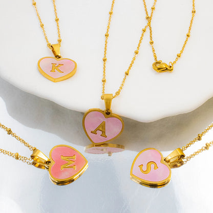 Pink Round Shell 26 Letter Alphabet Pendant Necklace Stainless Steel Charm 💗🪸