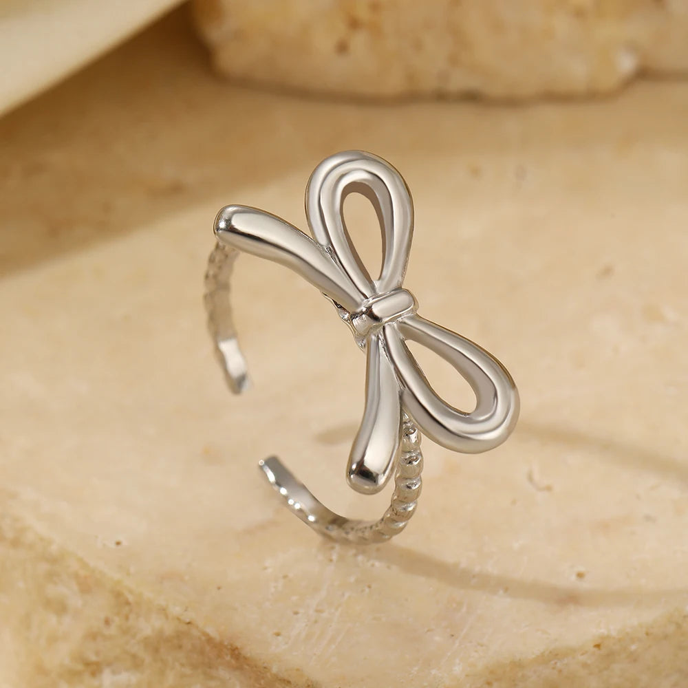 Kawaii Stainless Steel Bow Tie Ring 🌟✨ Adjustable & Chic Jewelry for Women 💖 Perfect Gift for Special Occasions! 🎁