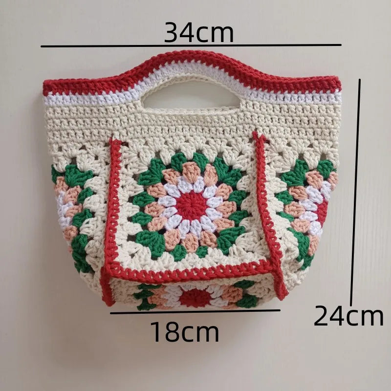 Granny Square Crochet Shoulder Bag For Women Handmade Yarn Canvas Shopper 🍓🧶