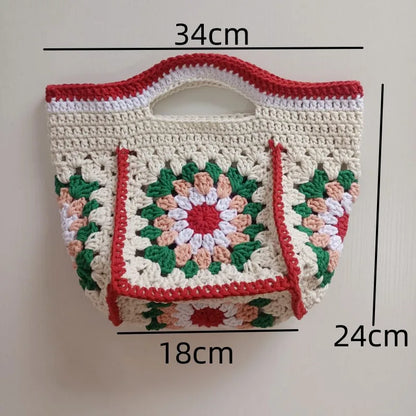 Granny Square Crochet Shoulder Bag For Women Handmade Yarn Canvas Shopper 🍓🧶