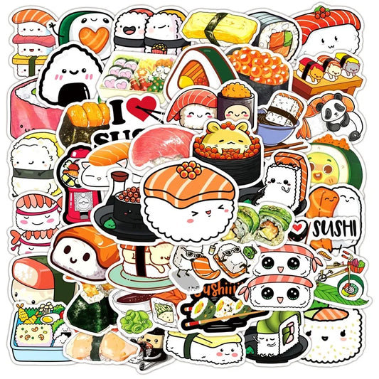 Kawaii Cartoon Sushi PVC Stickers 🍣✨ | 10/30/50PCS Aesthetic Scrapbooking Decor for Kids 🎨💕