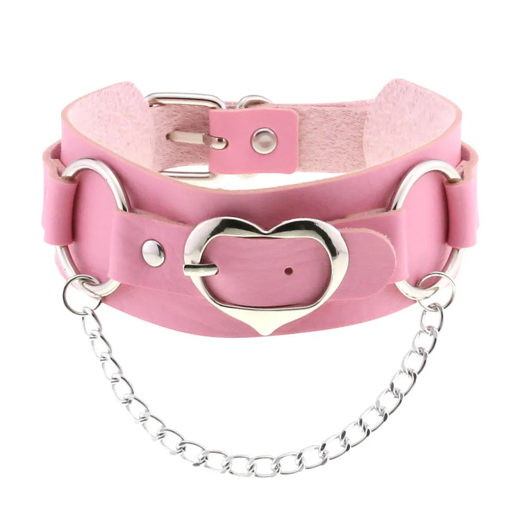 Pink Lace Leather Choker With Heart Pendant, Punk Gothic Style ✨💗