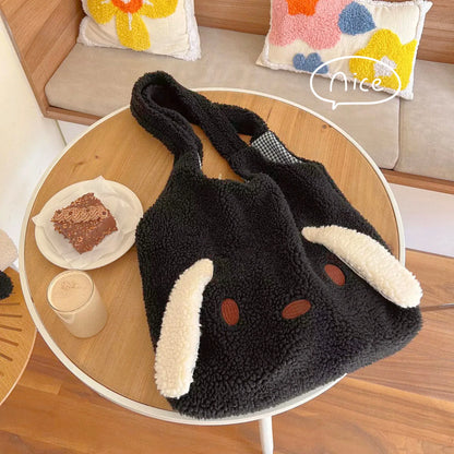 Kawaii Big Ears Plush Tote Bag 🐾✨ Soft Faux Fur Shoulder Bag for Women - Adorable Large Capacity Shopper!