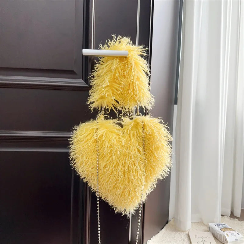 Kawaii Heart-Shaped Faux Fur Tote 🌈💕 | Adorable Oversized Handbag for Fashionable Women 👜✨