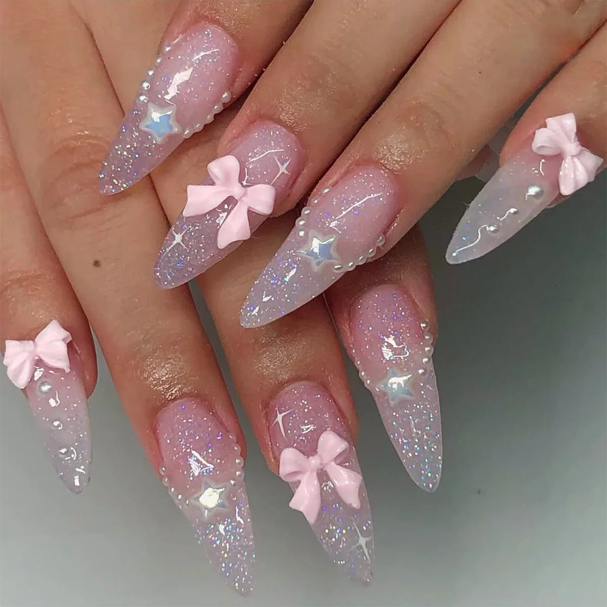 Kawaii 24Pcs Blush Pink Almond Press-On Nails 🌸✨ with 3D Bow Knot Decor - Sweet Glossy Full Cover Tips for Creative Nail Art! 💖💅