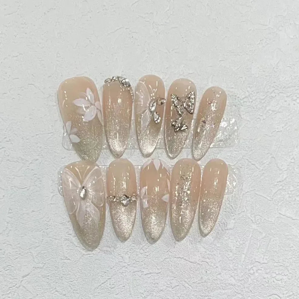 Kawaii 10-Piece Rhinestone Almond Press-On Nails ✨💅 | Handmade Acrylic Nail Art Set for Adorable Looks! 🌟
