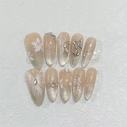 Kawaii 10-Piece Rhinestone Almond Press-On Nails ✨💅 | Handmade Acrylic Nail Art Set for Adorable Looks! 🌟