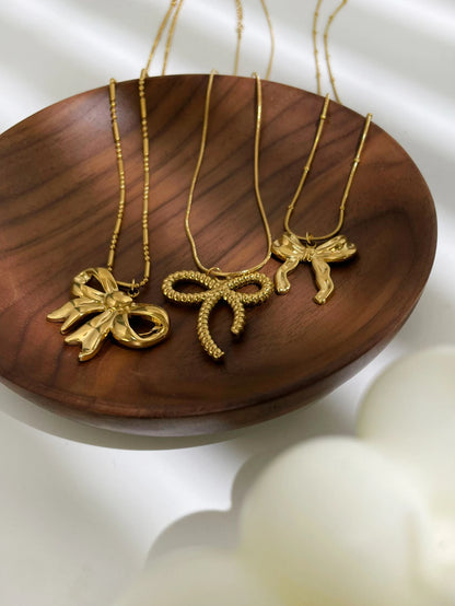 Charming Kawaii Gold Bow Knot Pendant Necklace 🌟✨ | Waterproof Stainless Steel Summer Jewelry for Women 💖