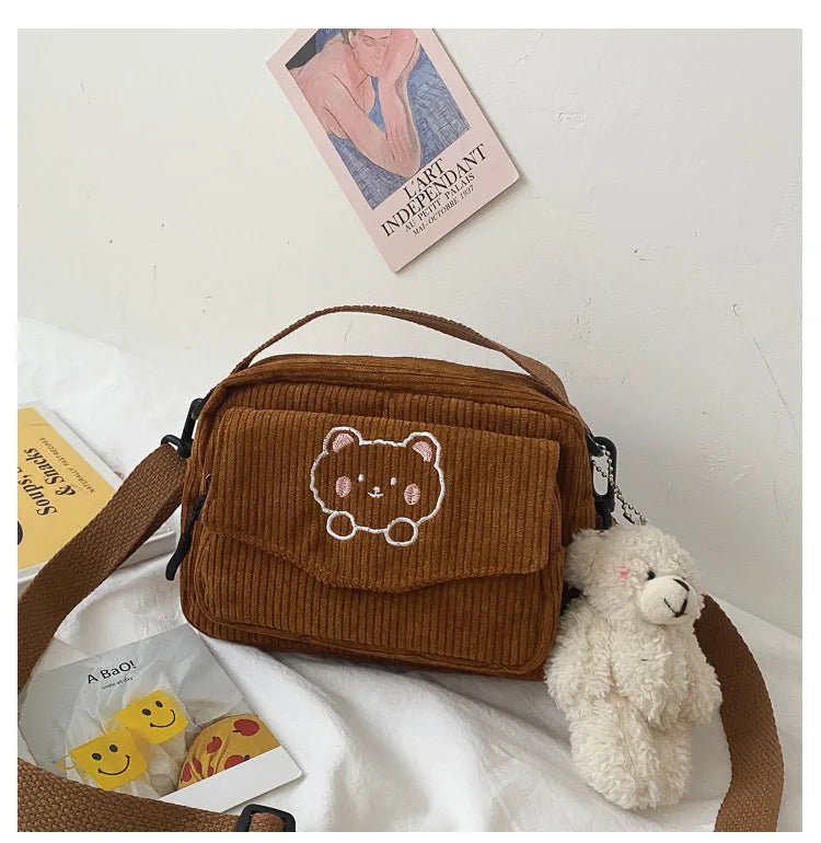 🎀 Cute Teddy Bear Corduroy Crossbody Bag 🐻✨ - Personalized Kawaii Shoulder Tote - Pixie Quill
