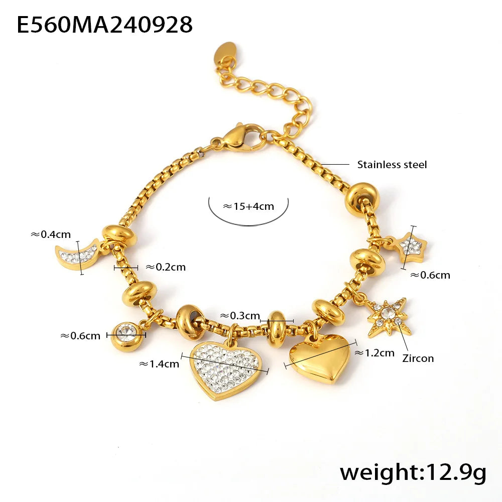 Kawaii Moon & Heart Stainless Steel Charm Bracelet 🌙💖 | Cute Luxury Jewelry Gift for Women 🎁✨