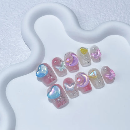Kawaii 10Pcs Starfish & Rabbit Press-On Nails 🌊🐇✨ | Colorful Handmade Full Cover Nail Tips for a Cute Manicure!