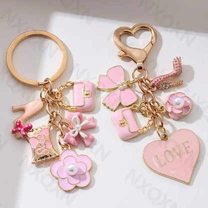 Kawaii Pink Heart Flower Bow Knot Enamel Keychain 🌸💖 Cute Fashion Accessory for Women & Girls - Handmade Birthday Gift! 🎁