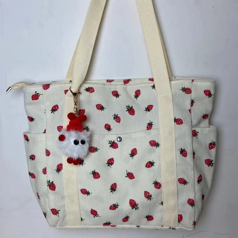 🍓 Adorable Strawberry Corduroy Shoulder Bag 🎒 Stylish & Spacious Classroom Tote! 🌸 - Pixie Quill