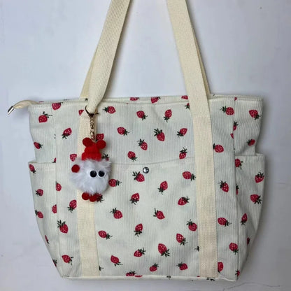 🍓 Adorable Strawberry Corduroy Shoulder Bag 🎒 Stylish & Spacious Classroom Tote! 🌸 - Pixie Quill