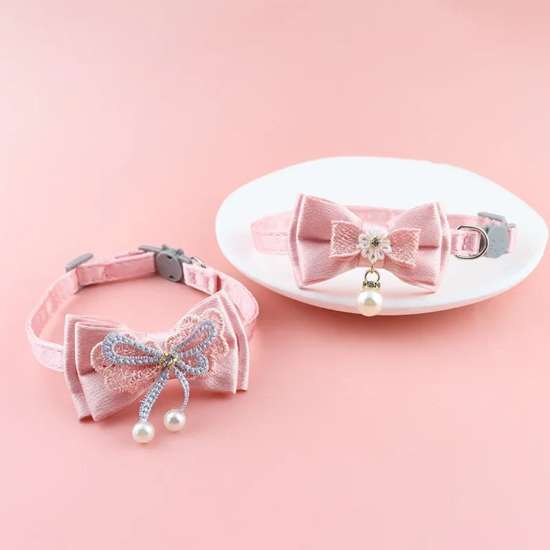 ✨ Cute Pink Lace Bow & Bead Cat Choker with Bell 🐾 Perfect Pet Accessory! 💖