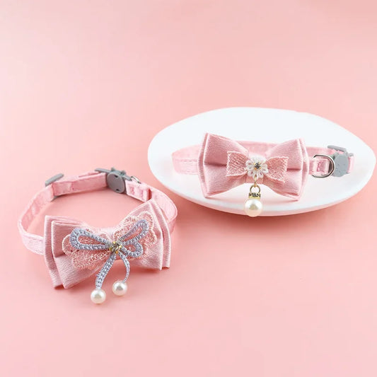 ✨ Cute Pink Lace Bow & Bead Cat Choker with Bell 🐾 Perfect Pet Accessory! 💖
