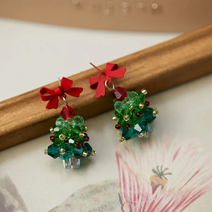 Crystal Beaded Christmas Tree Earrings With Red Bow 🎄 Elegant Holiday Jewelry