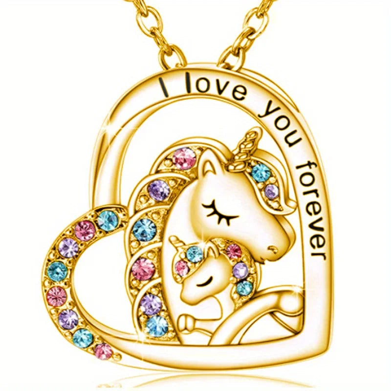 Kawaii Unicorn Heart Pendant Necklace 🌈✨ | Adorable Mother & Child Charm Jewelry for Girls 💖🎁