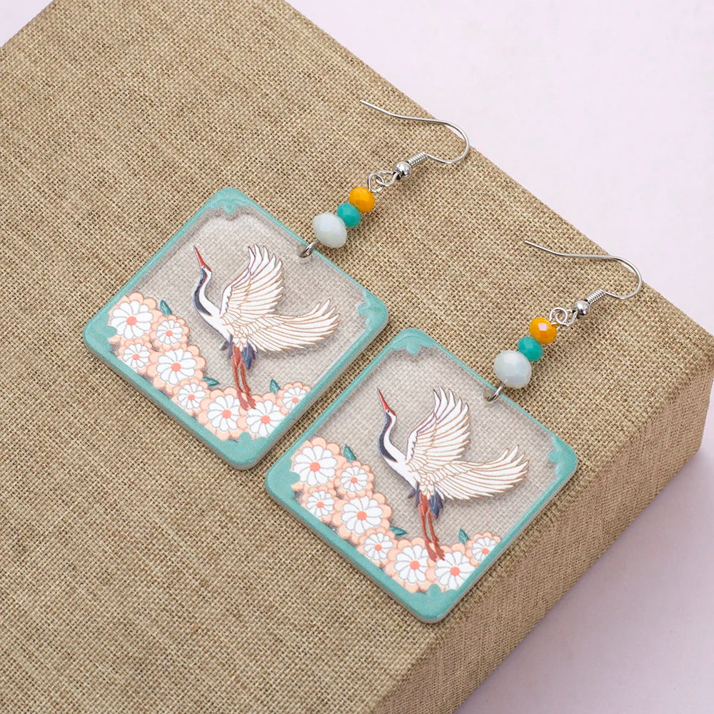 Transparent Square Acrylic Earrings With Crane Flower Design Geometric Drop 🌸