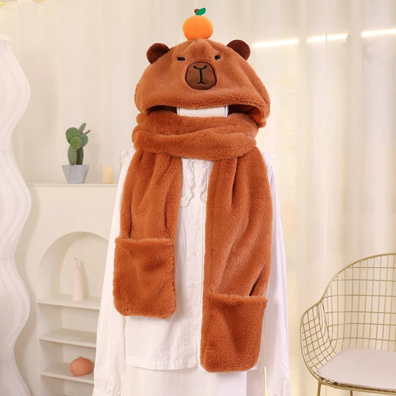 Kawaii Capybara Plush 3-in-1 Hat, Scarf & Gloves 🦙✨ Super Soft & Cozy Christmas Gift for Kids! 🎄💖