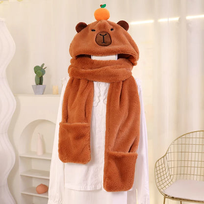 Kawaii Capybara Plush 3-in-1 Hat, Scarf & Gloves 🦙✨ Super Soft & Cozy Christmas Gift for Kids! 🎄💖