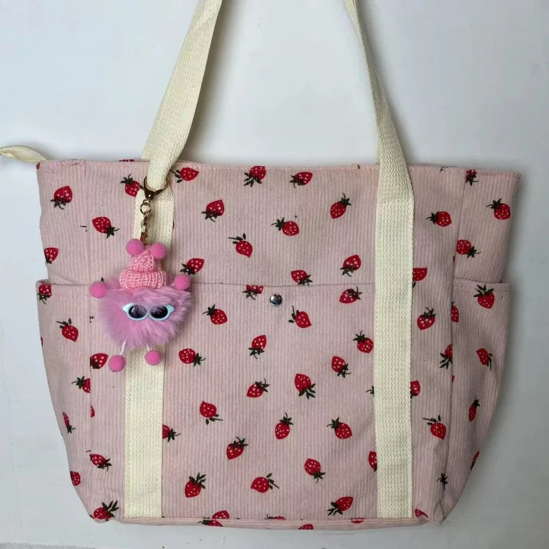 🍓 Adorable Strawberry Corduroy Shoulder Bag 🎒 Stylish & Spacious Classroom Tote! 🌸 - Pixie Quill