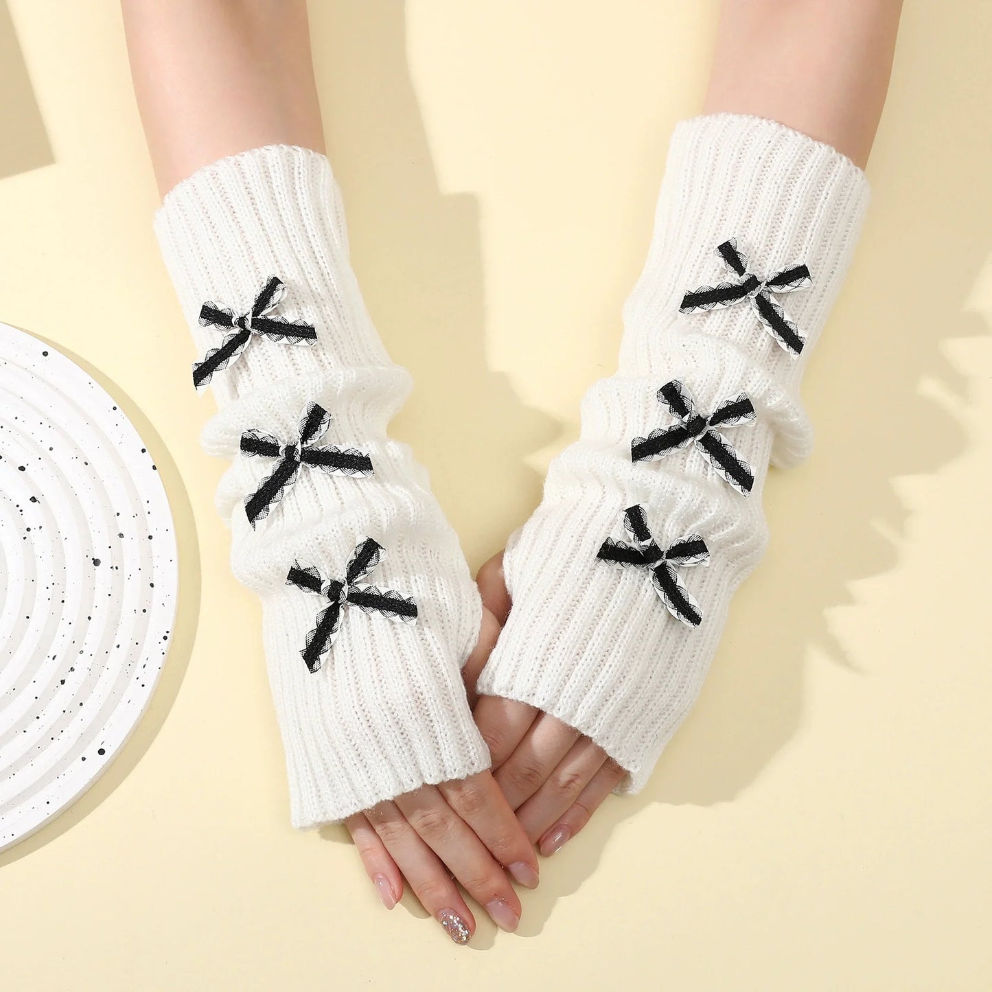 Y2K Bow Fingerless Gloves For Women Knit Arm Warmers Hands Free Winter 😺🧶❄️