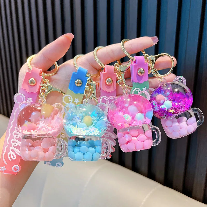 🐱✨Adorable Kitty Tea Cup Liquid Keychain 🌈💖 Floating Quicksand Joy! Perfect Pendant for Girls & Backpacks! 🎒🌟