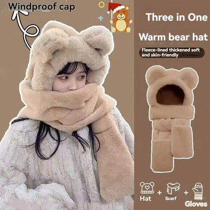 Cozy Winter Bear Ear Hooded Cap Scarf Gloves 3 In 1 Set 🐻❄️🧤