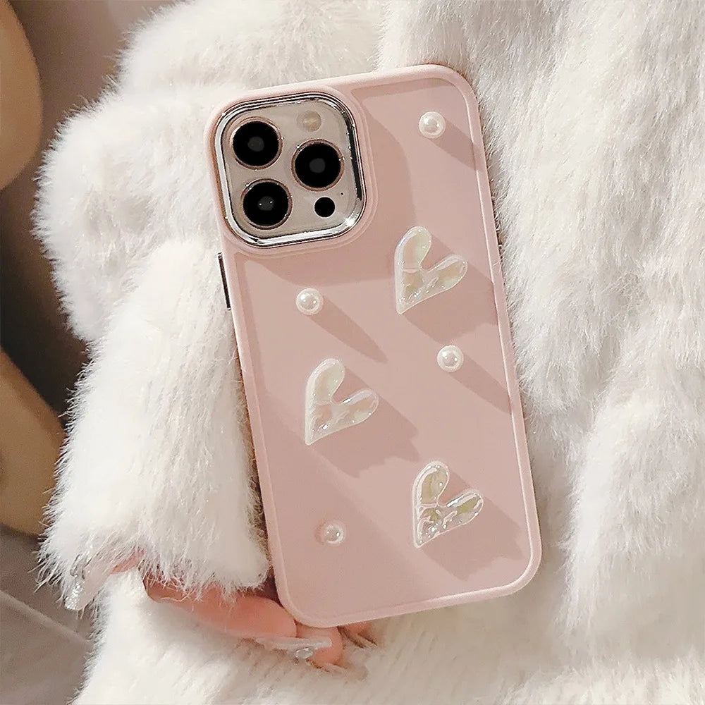 💕 Adorable 3D Pearl Love Heart Phone Case for iPhone - Soft Silicone Bumper 🎀✨