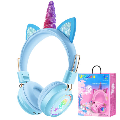 Kawaii Rainbow Unicorn Wireless Headphones 🎧✨ - Cute Stereo Earphones for Kids with RGB Lights & Mic, Perfect Gift! 🦄💖