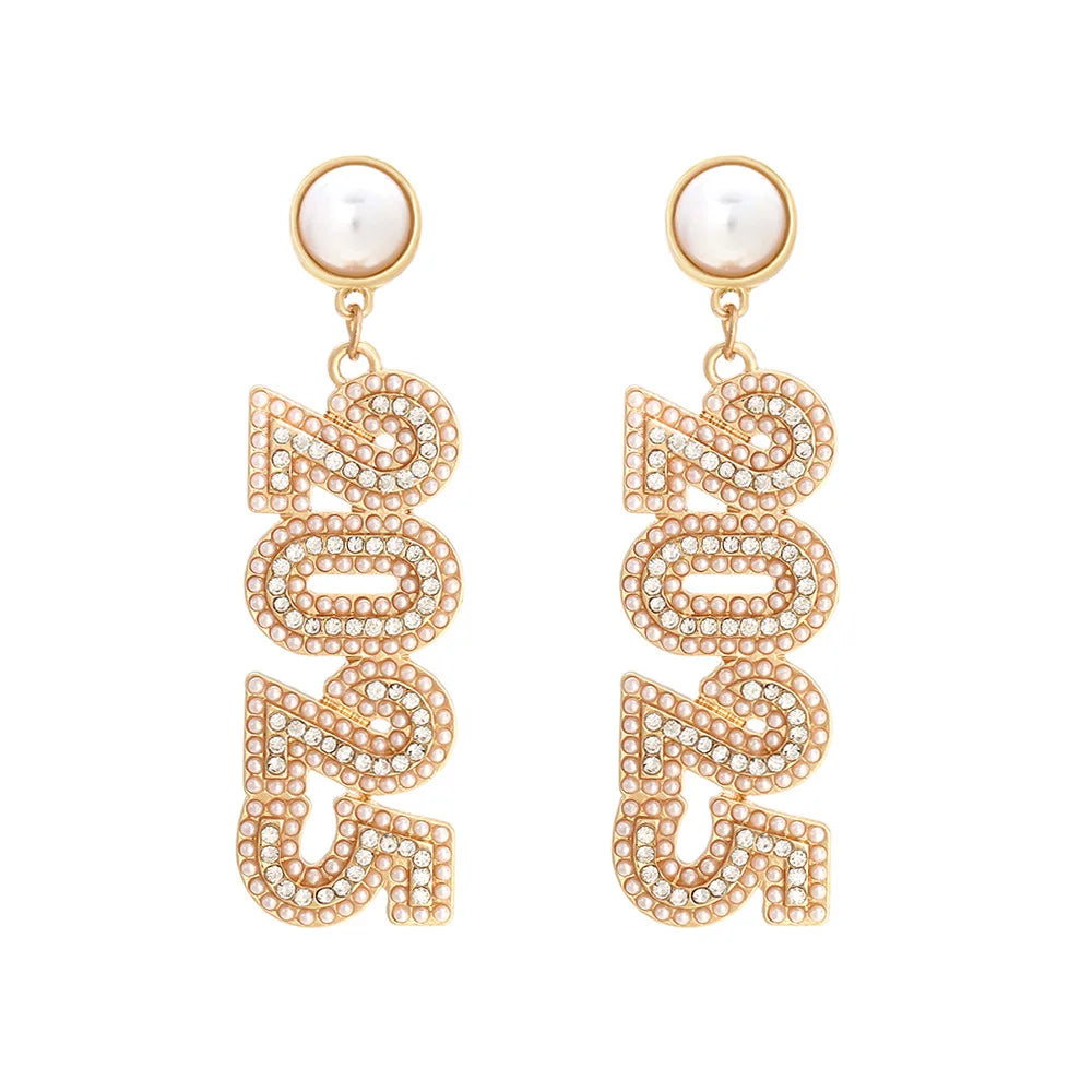 Kawaii 2025 Number Stud Earrings 🌟✨ Cute Long Rhinestone & Pearl Accents for Women 🎉 Perfect Gift for Friends & Family! 🌈