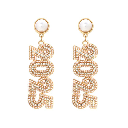 Kawaii 2025 Number Stud Earrings 🌟✨ Cute Long Rhinestone & Pearl Accents for Women 🎉 Perfect Gift for Friends & Family! 🌈