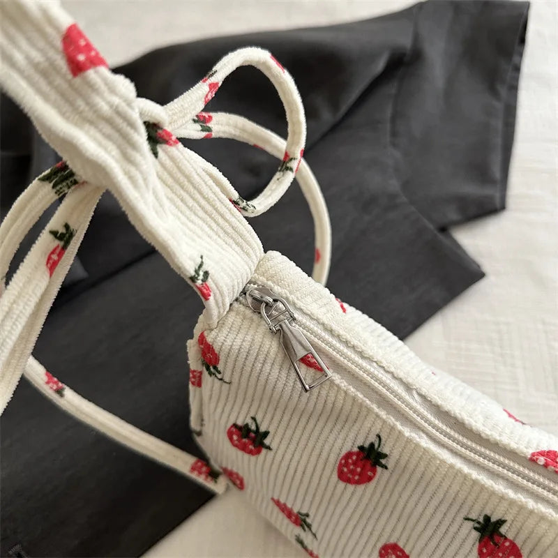 🍓 Adorable Mini Half Moon Strawberry Tote 🌼 Corduroy Shoulder Bag for Fun Outings! 👜 - Pixie Quill