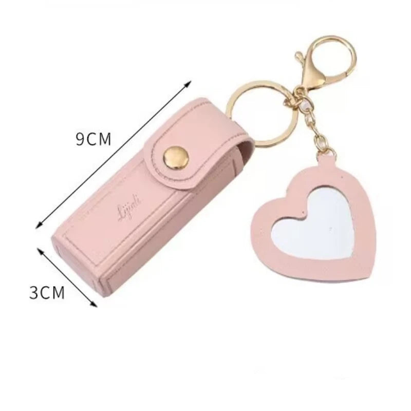 Kawaii Leather Lipstick Keychain Pouch 💄✨ - Cute Makeup Holder with Mirror & Zipper Closure! 👜💕