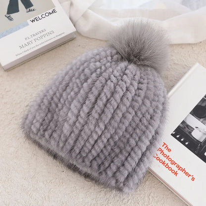 Fluffy Real Mink Fur Hat For Women With Fox Fur Pom Poms ❄️ Cozy Winter Beanie