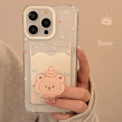 🐻✨ Adorable Bear Card Holder Case for iPhone 11, 12, 13, 14 & 15 Pro Max - Cute Cartoon Design! 📱💕