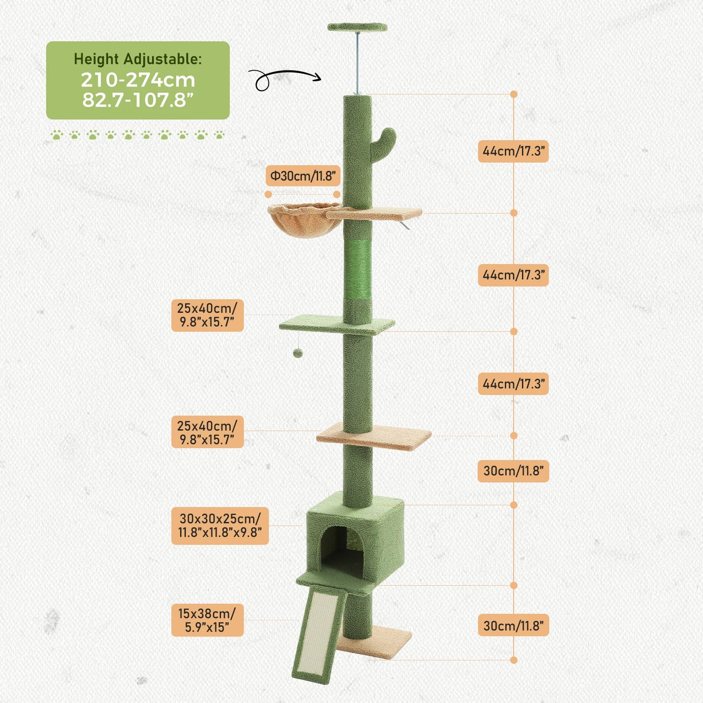 Floor to Ceiling 5 Tiers Cat Tree Tower Cat Climbing Tree Adjustable Height  for Indoor Cats with Condo Scratching Post Ladders