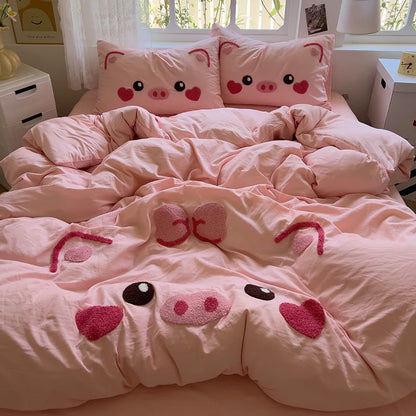 Kawaii Pink Pig Bedding Set 🐷💖 | 4-Piece Duvet Cover & Pillowcase Set for Kids' Rooms | Soft Polyester Comforter Cover | Perfect Gift for Girls 🛏️✨