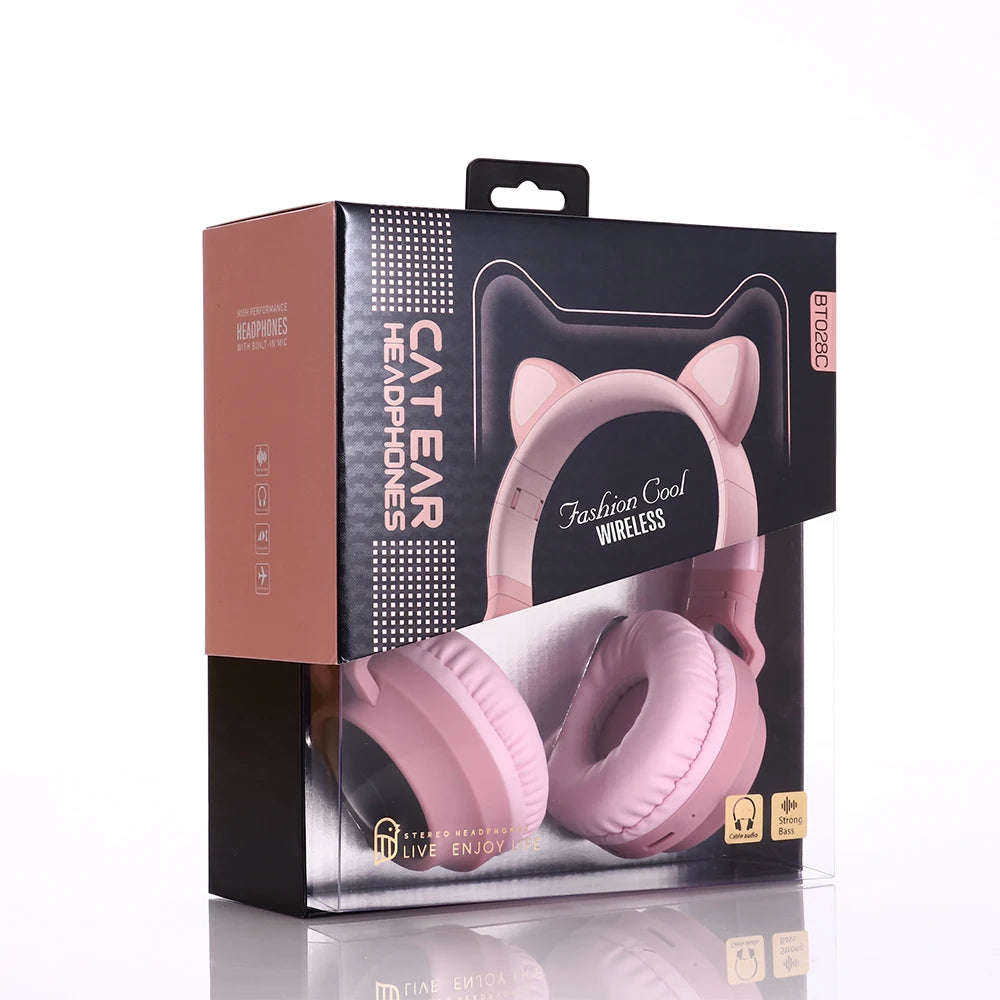✨ Kawaii Cat Ear Bluetooth Headphones 🎶 - Adorable LED Music Headset for Girls 💖 - Supports TF Card & FM Radio! 🌈