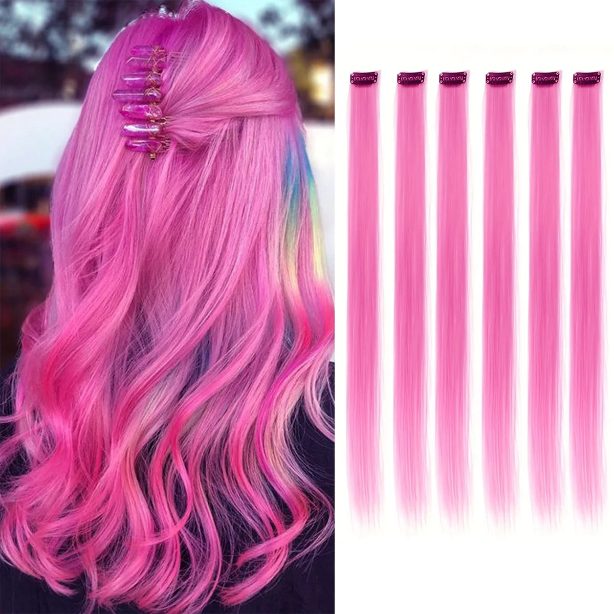 🌈✨ 6 Colorful Clip-In Hair Strands for Fun Party Looks - 22" Rainbow Dream Extensions! 🎉💖 - Pixie Quill